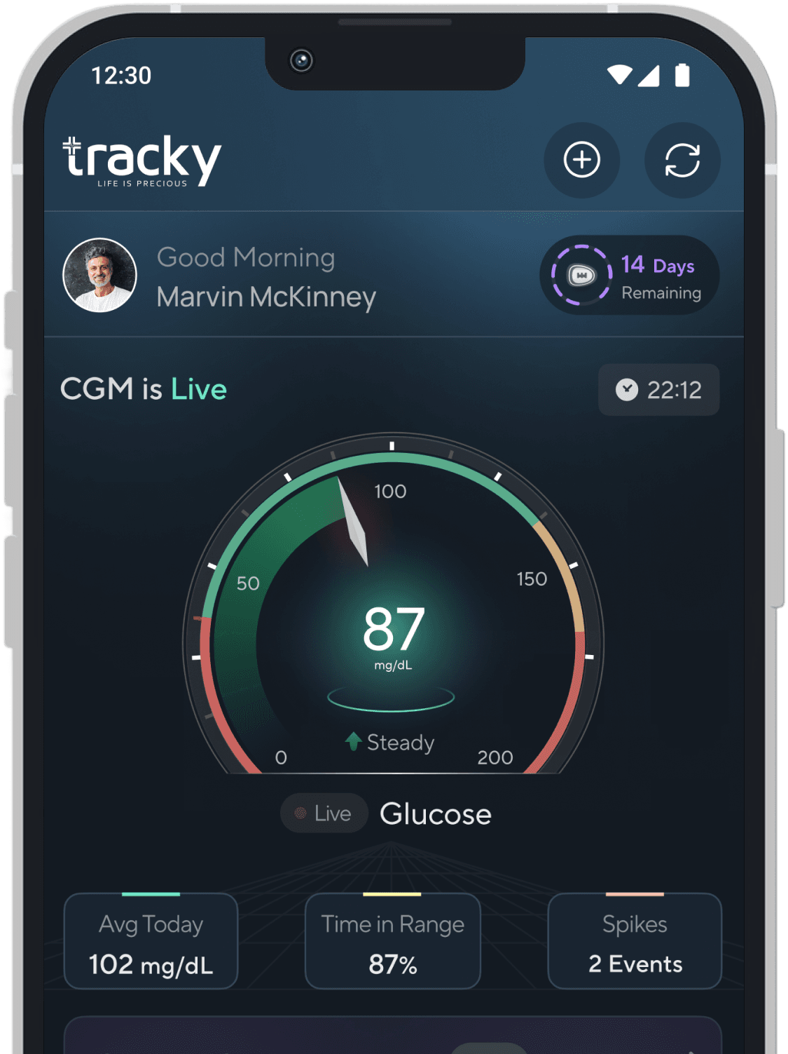 Tracky Health App Glucose Dashboard Screen Preview