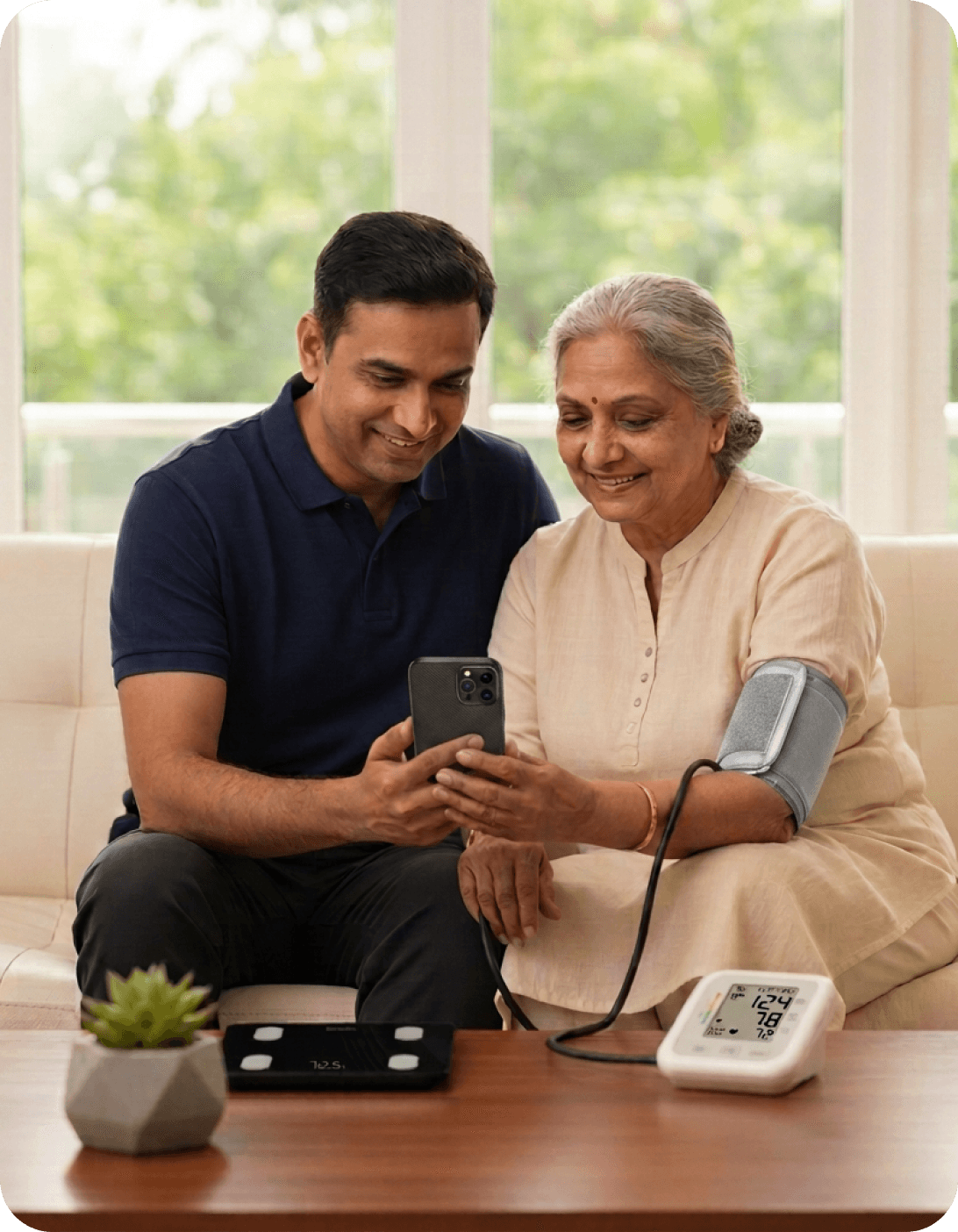 A family checking real-time health data synced across DrStore devices