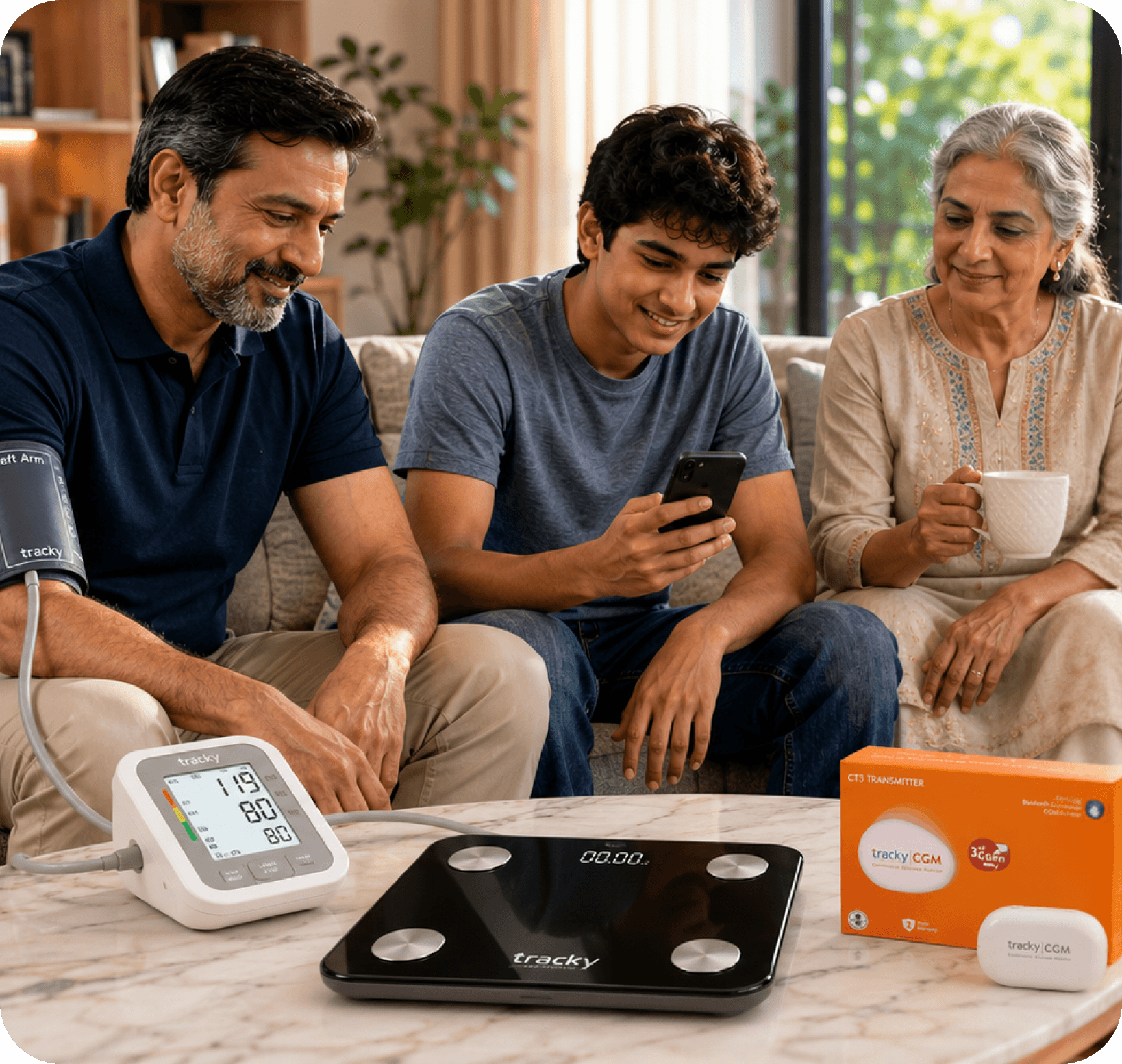 A family monitoring blood pressure and health metrics together at home with DrStore devices